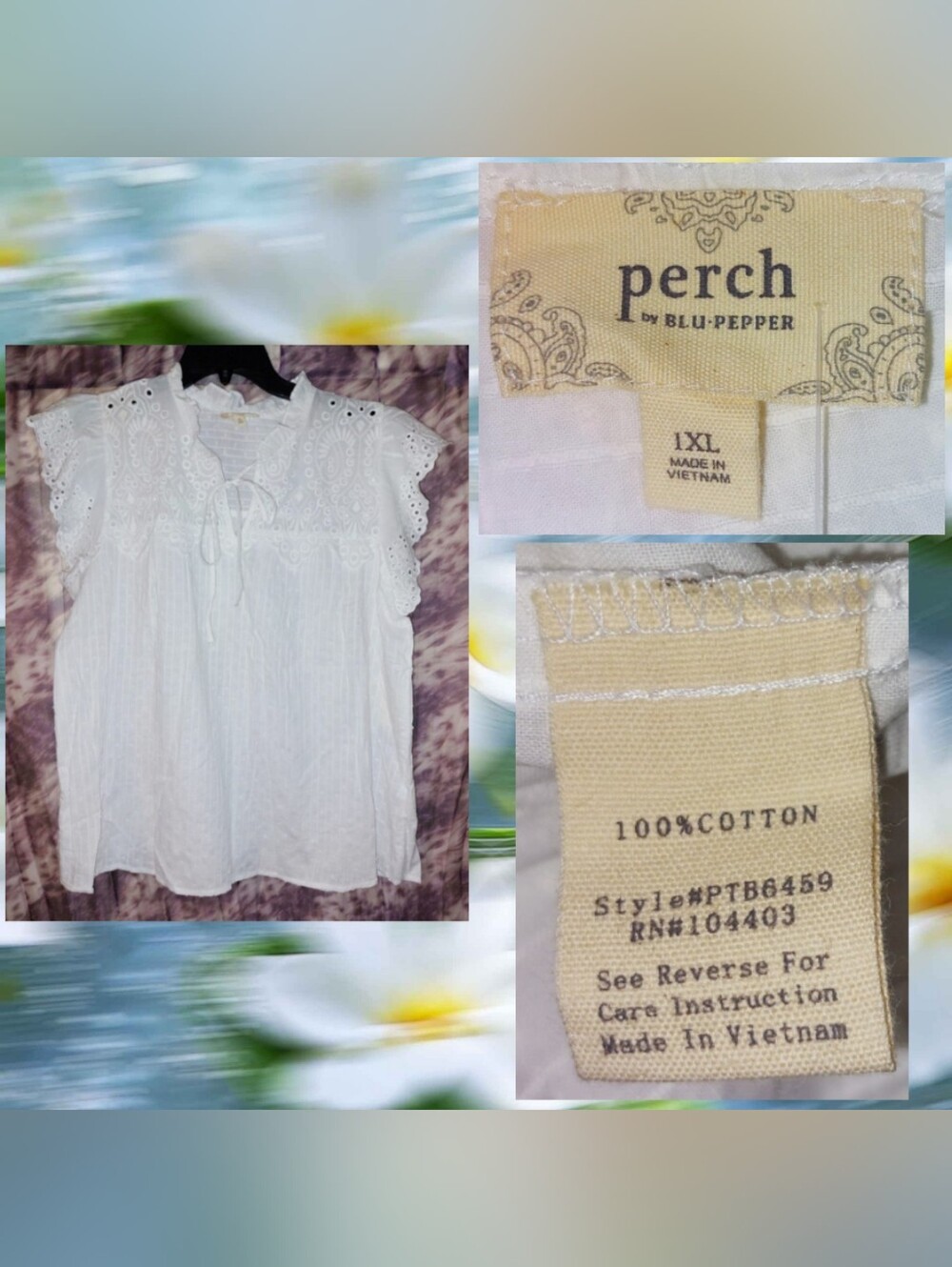 Perch by Blu Pepper Wht Eyelet & Swiss Dots Design Soft Woven Peasant Blouse 1XL